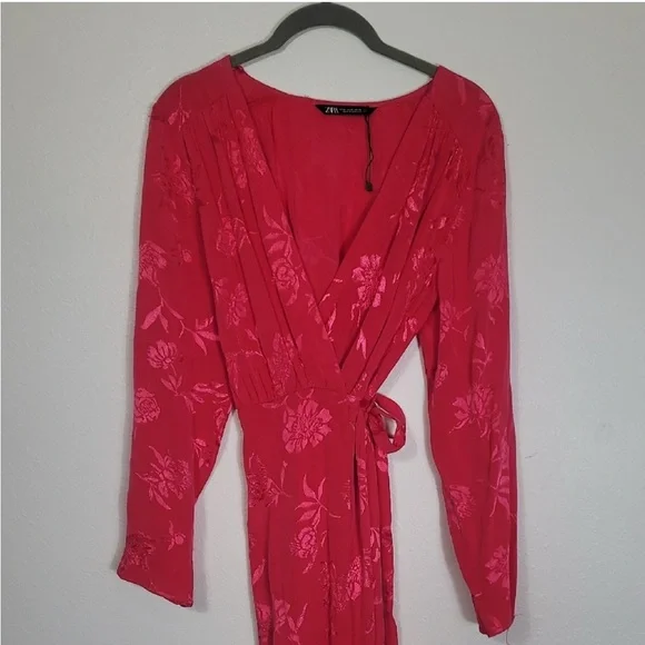 Zara Jacquard Maxi Midi Wrap Dress Size XS Pink Floral Belted Kimono Silky Robe - Picture 5 of 8